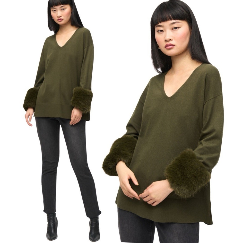Joseph Ribkoff Iguana Green V-Neck Sweater Faux Fur Cuffs Tunic Top 243955 S/M